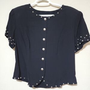 BMW Black Women's Blouse with Silver Accents Vintage